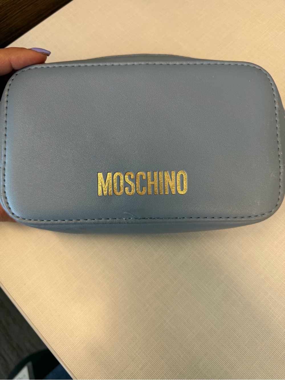 Moschino Light Blue Leather Zipped Cosmetic Pouch with Gold Hardware